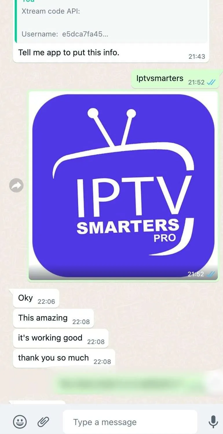 Screenshot of a customer message about IPTV Pro