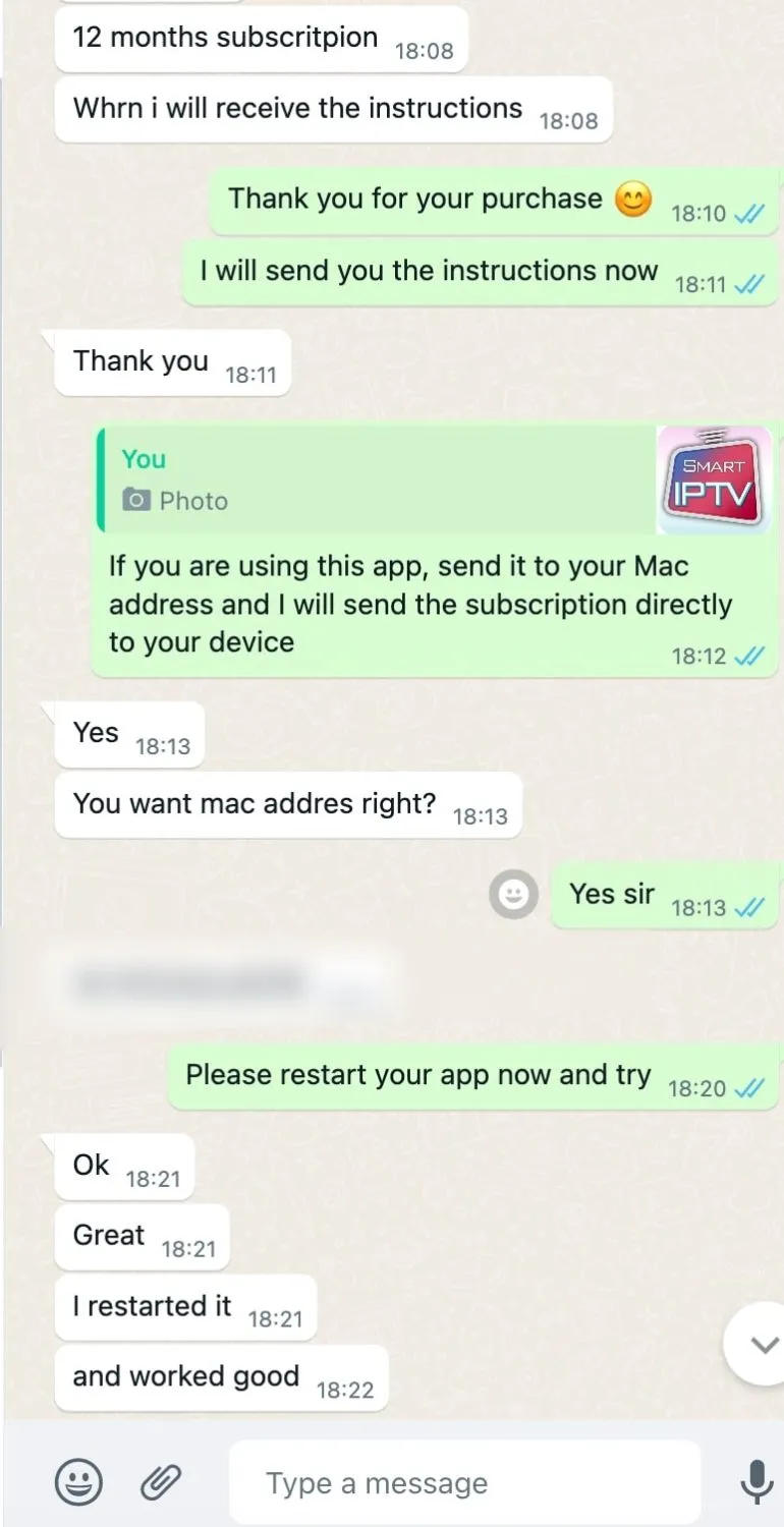 Screenshot of a customer message about IPTV Pro