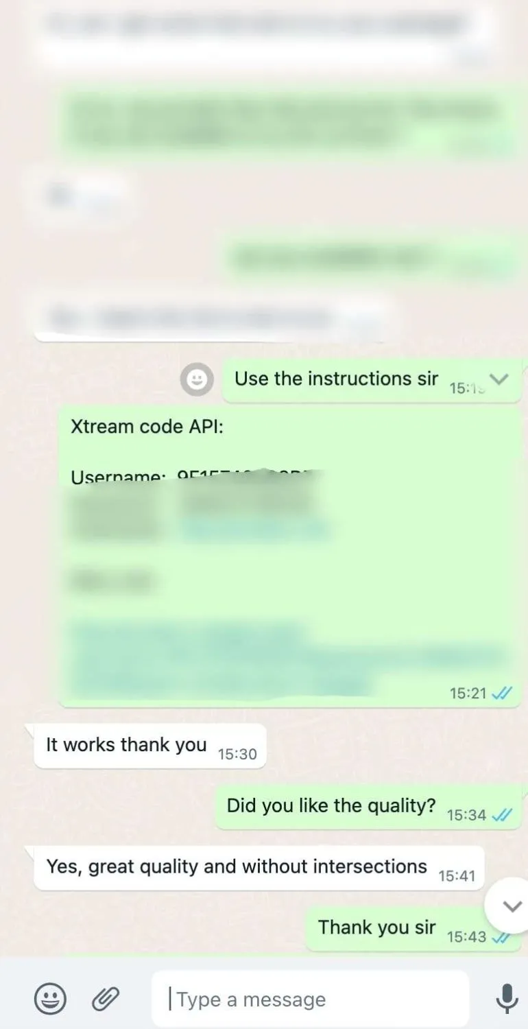 Screenshot of a customer message about IPTV Pro