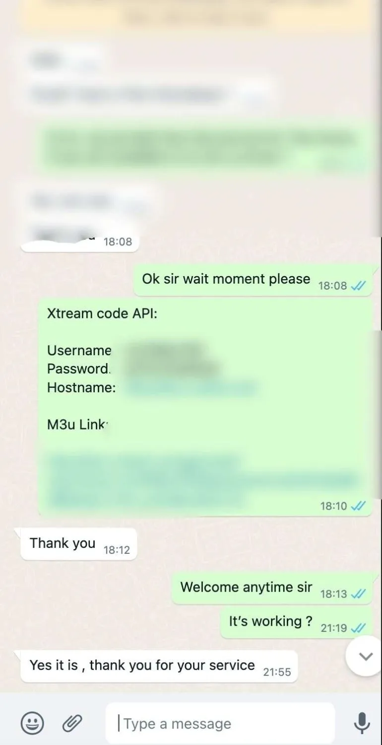 Screenshot of a customer message about IPTV Pro