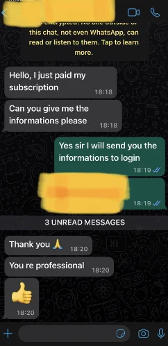 Screenshot of a customer message about IPTV Pro