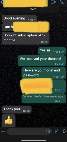 Screenshot of a customer message about IPTV Pro